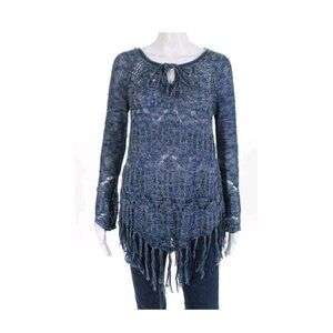 Cheryl Herger Tie Neck Flared Sleeve Fringe Tunic Sweater Blue Size Medium